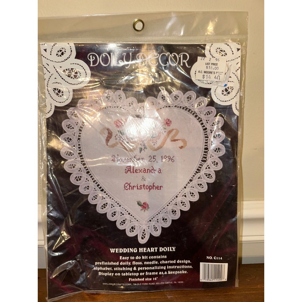 Dolly Decor Wedding Heart Doily Cross Stitch Kit Vintage 1996 Willmaur C114 16in